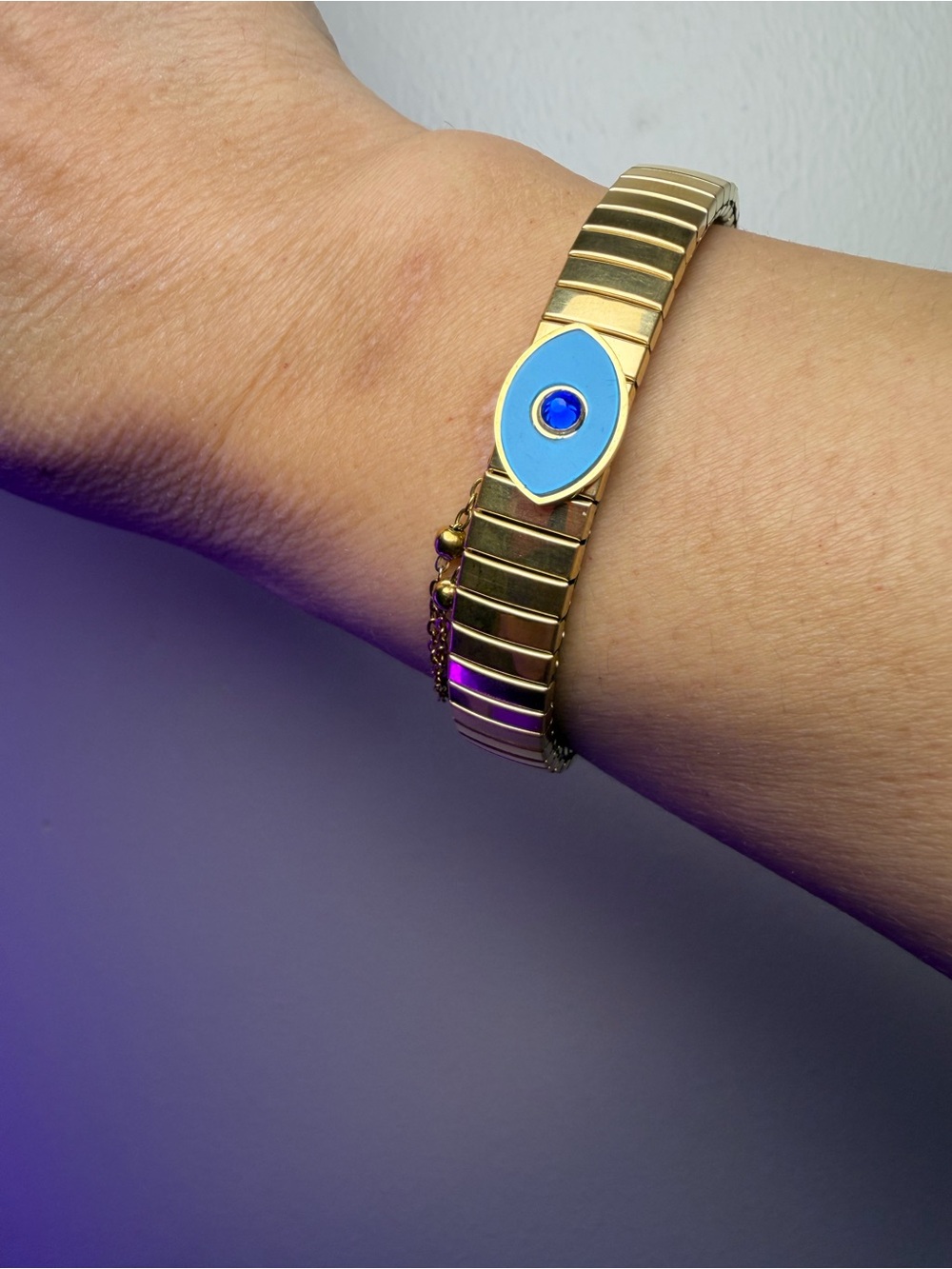 Gold-tone Evil Eye Stretch Bracelet with Blue Accent